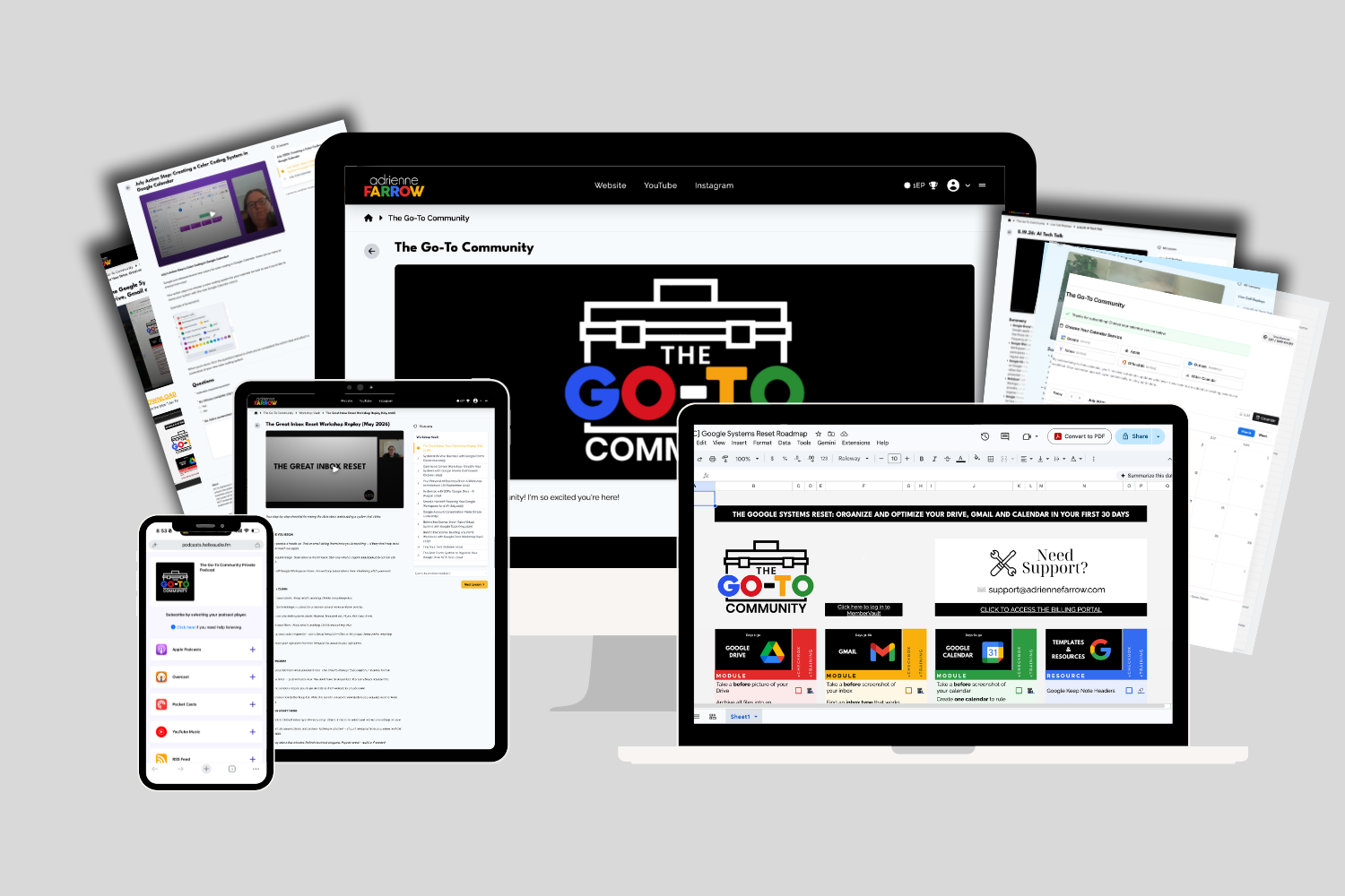The Go-To Community member portal, workshop replays, private podcast feed, and Google Systems Reset roadmap